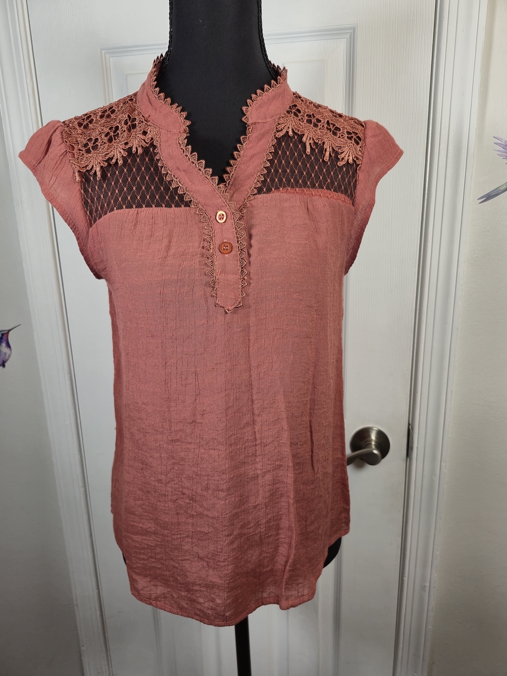 Sweet Wanderer Rose Clay Boho Crochet Lace Mesh Yoke Gauze Blouse Size M - Picture 4 of 6